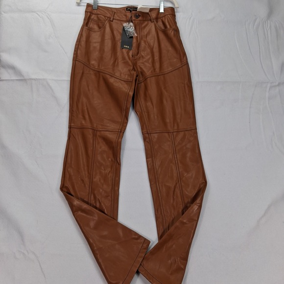 Shinestar Pants - Shinestar Pants Womens Medium SP5351 Brown Vegan Leather Straight Leg NEW